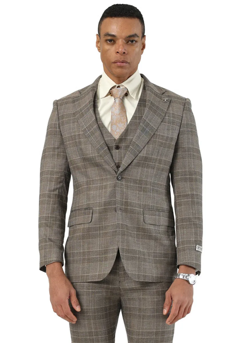 Men's Stacy Adams Two Button Wide Notch Lapel Vested Suit in Brown Glen Plaid sold by Alberto Nardoni