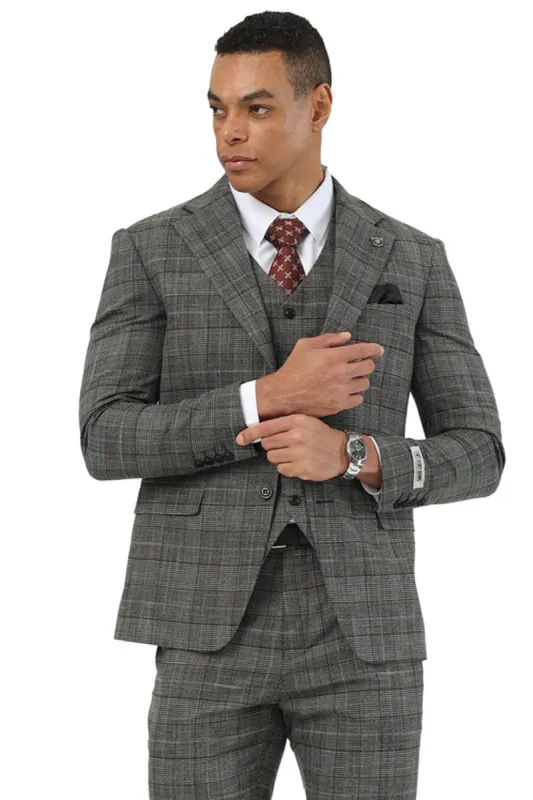 Men's Stacy Adams Two Button Wide Notch Lapel Vested Suit in Black Glen Plaid sold by Alberto Nardoni