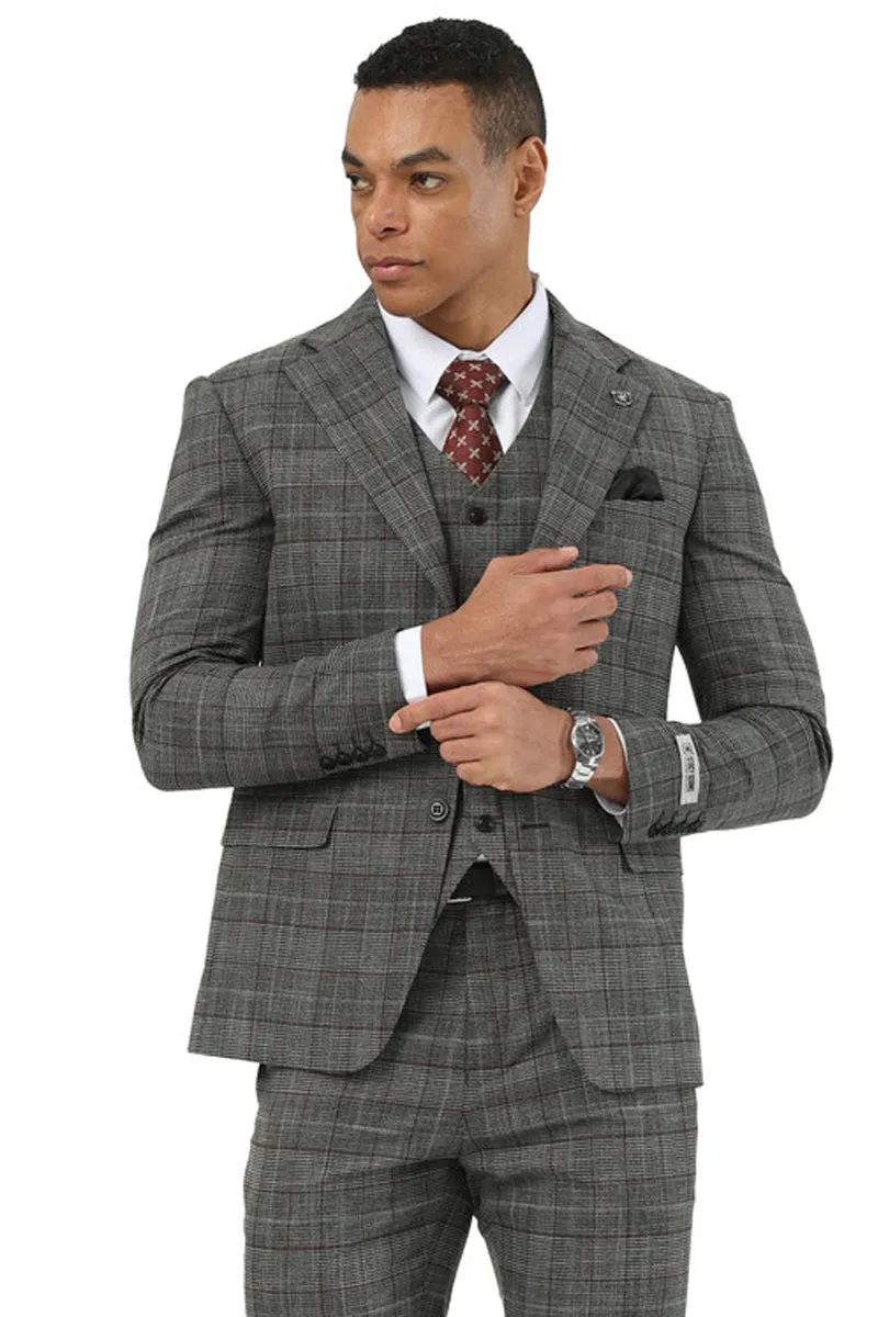 Men's Stacy Adams Two Button Wide Notch Lapel Vested Suit in Black Glen Plaid sold by Alberto Nardoni