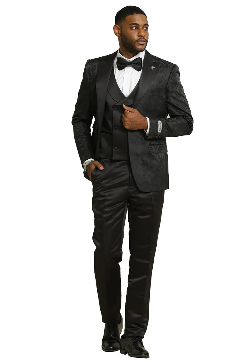 Men's Stacy Adams Shiny Brocade Wedding & Prom Tuxedo with Double Breasted Vest in Black sold by Alberto Nardoni product image thumbnail 2