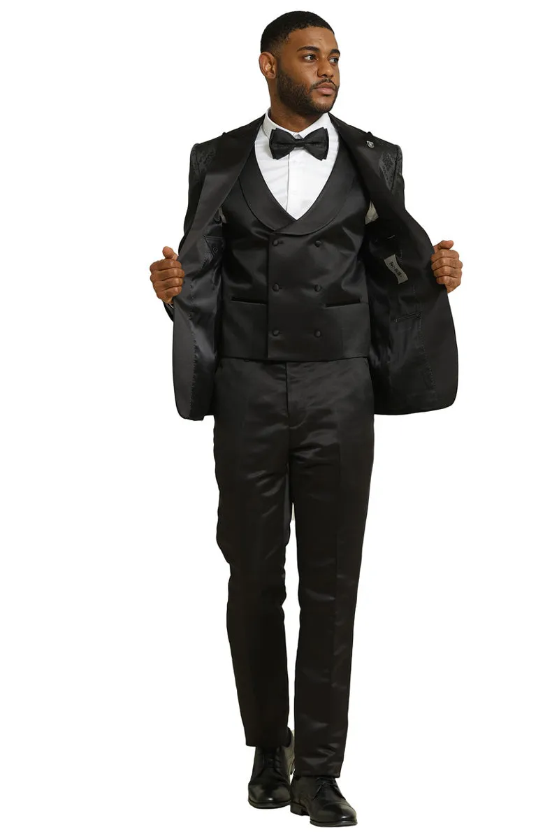 Men's Stacy Adams Shiny Brocade Wedding & Prom Tuxedo with Double Breasted Vest in Black sold by Alberto Nardoni product image thumbnail 3