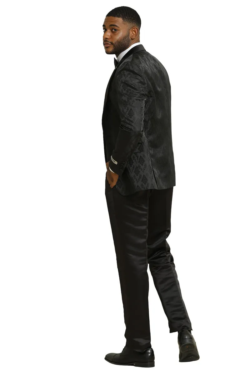 Men's Stacy Adams Shiny Brocade Wedding & Prom Tuxedo with Double Breasted Vest in Black sold by Alberto Nardoni product image thumbnail 4