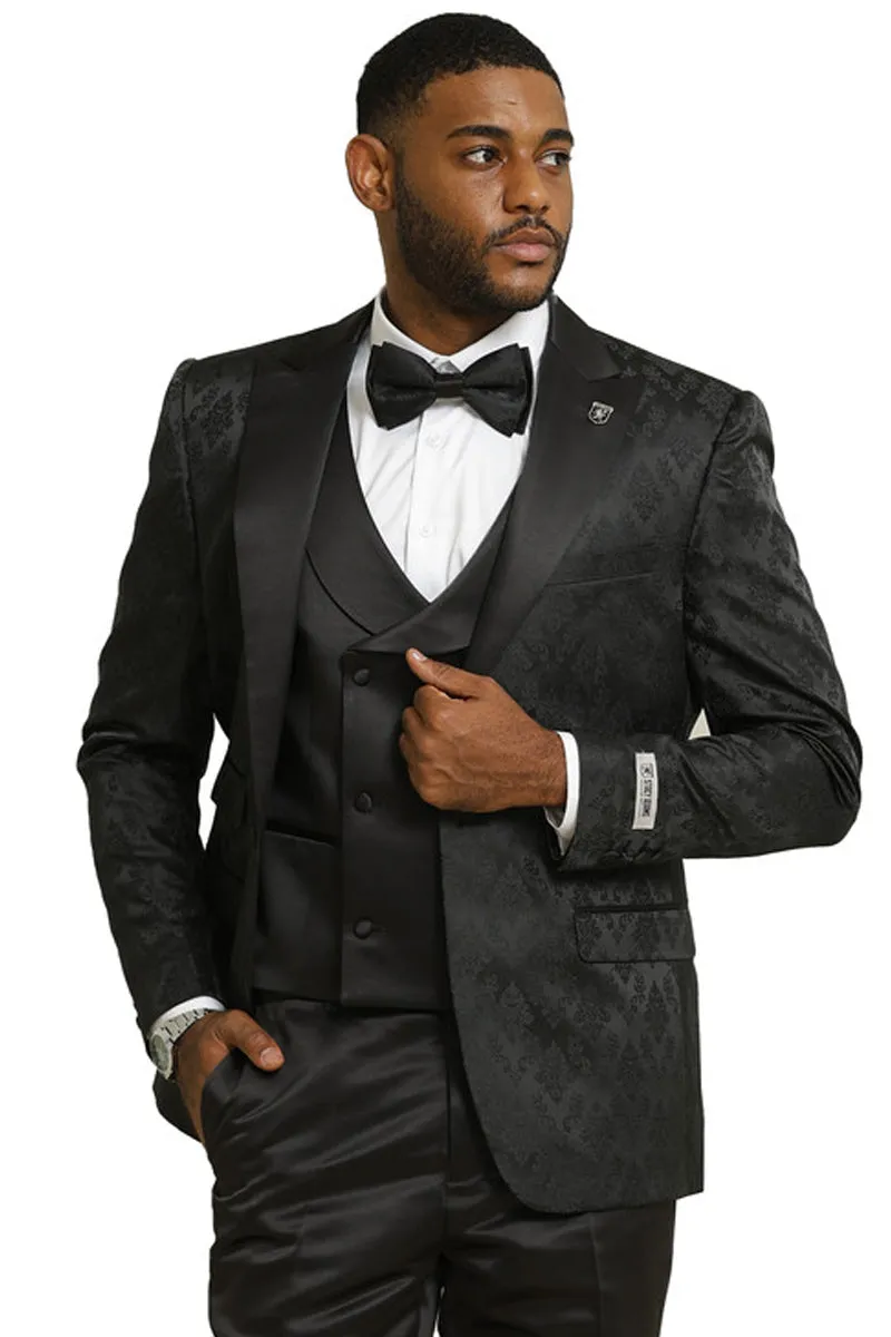 Men's Stacy Adams Shiny Brocade Wedding & Prom Tuxedo with Double Breasted Vest in Black sold by Alberto Nardoni