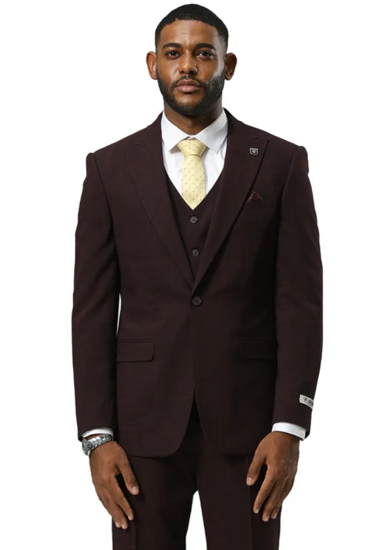 Men's Stacy Adams One Button Peak Lapel Vested Sharkskin Suit in Burgundy sold by Alberto Nardoni