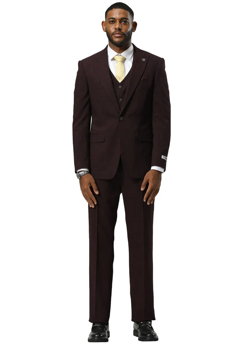Men's Stacy Adams One Button Peak Lapel Vested Sharkskin Suit in Burgundy sold by Alberto Nardoni product image thumbnail 2