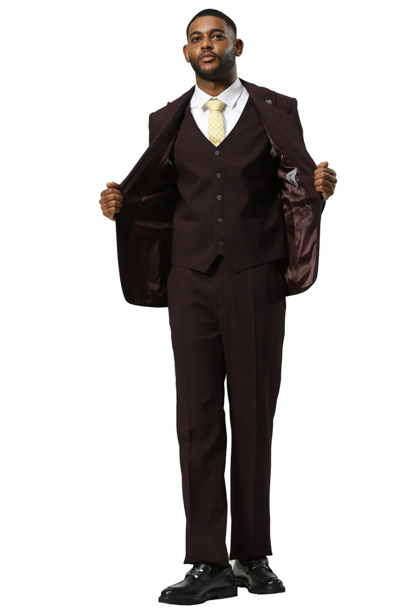 Men's Stacy Adams One Button Peak Lapel Vested Sharkskin Suit in Burgundy sold by Alberto Nardoni product image thumbnail 3