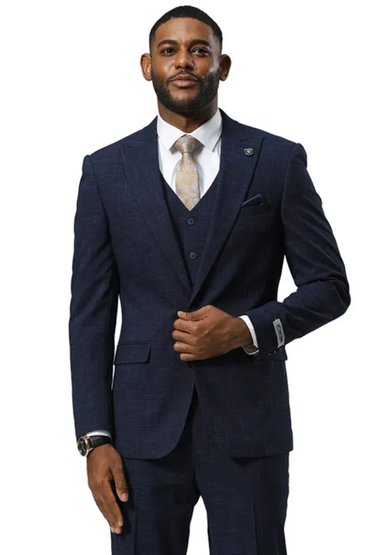 Men's Stacy Adams One Button Peak Lapel Vested Sharkskin Suit in Navy sold by Alberto Nardoni