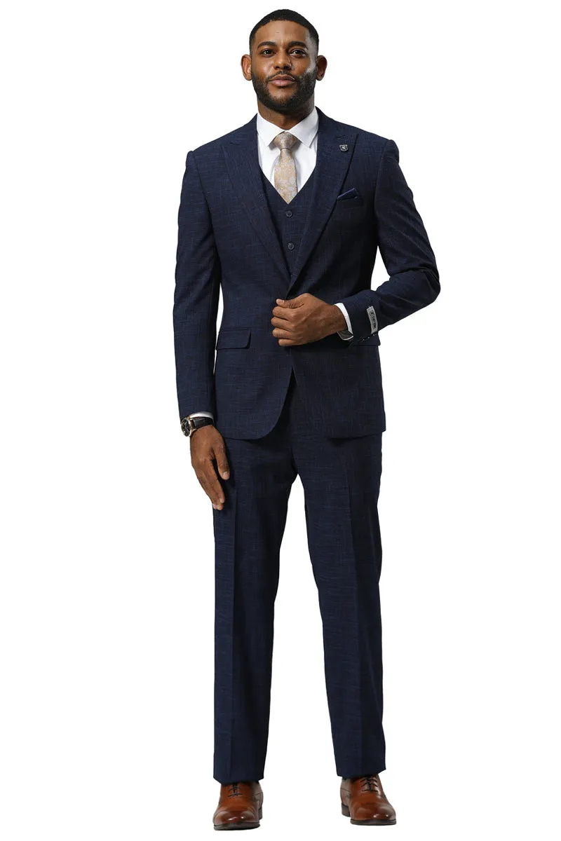 Men's Stacy Adams One Button Peak Lapel Vested Sharkskin Suit in Navy sold by Alberto Nardoni product image thumbnail 2