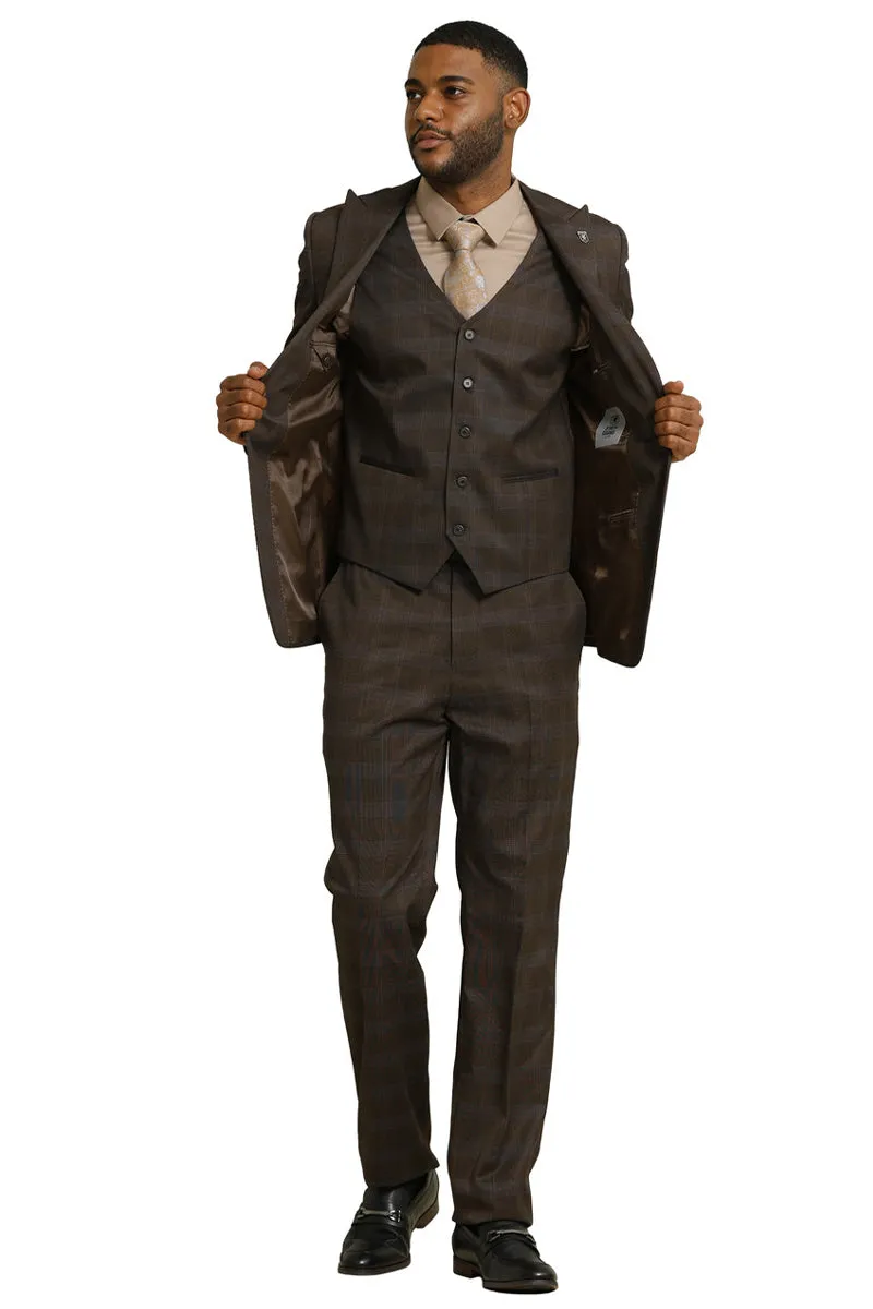 Men's Stacy Adams One Button Vested Peak Lapel Suit in Brown Glen Plaid sold by Alberto Nardoni product image thumbnail 4
