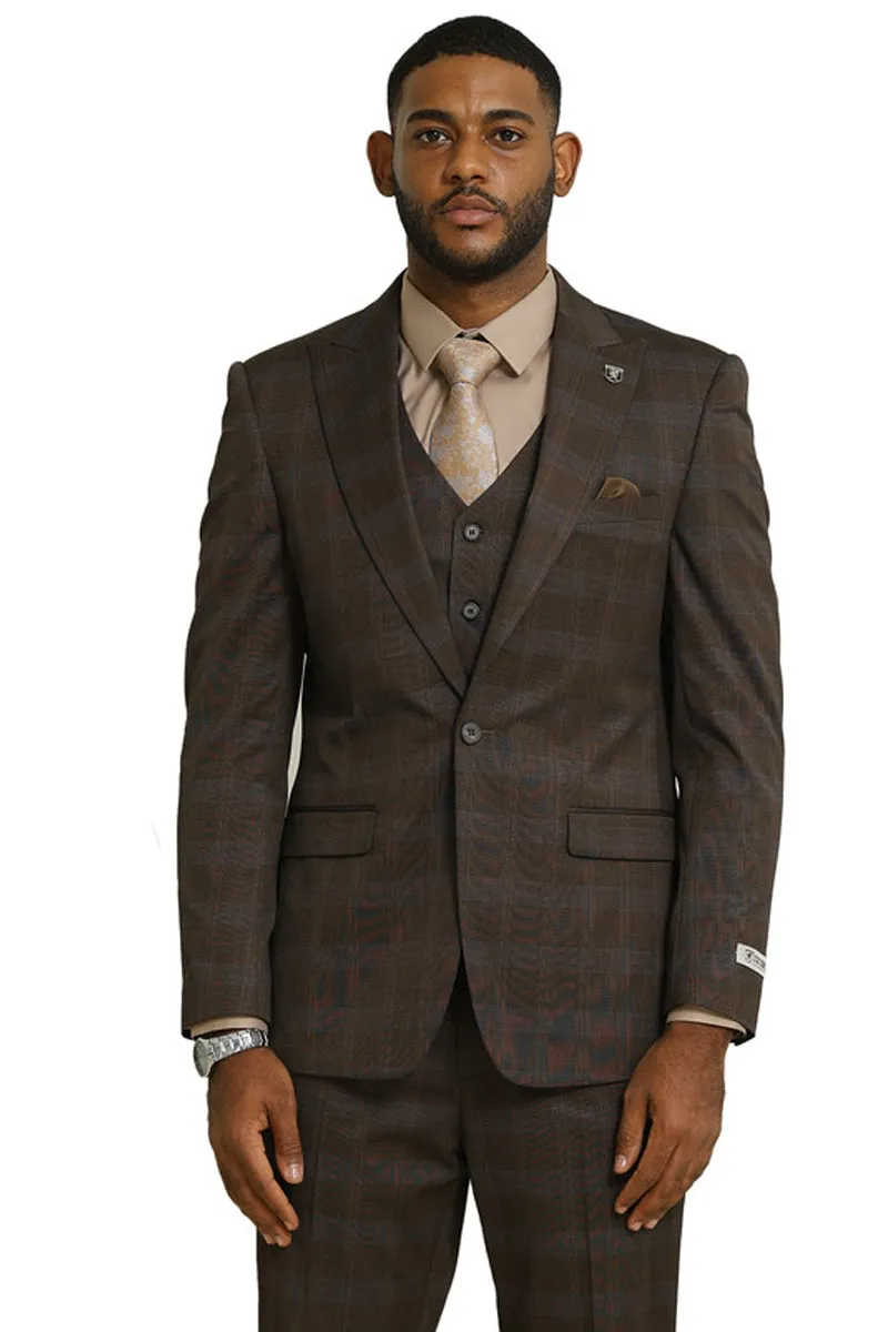Men's Stacy Adams One Button Vested Peak Lapel Suit in Brown Glen Plaid sold by Alberto Nardoni