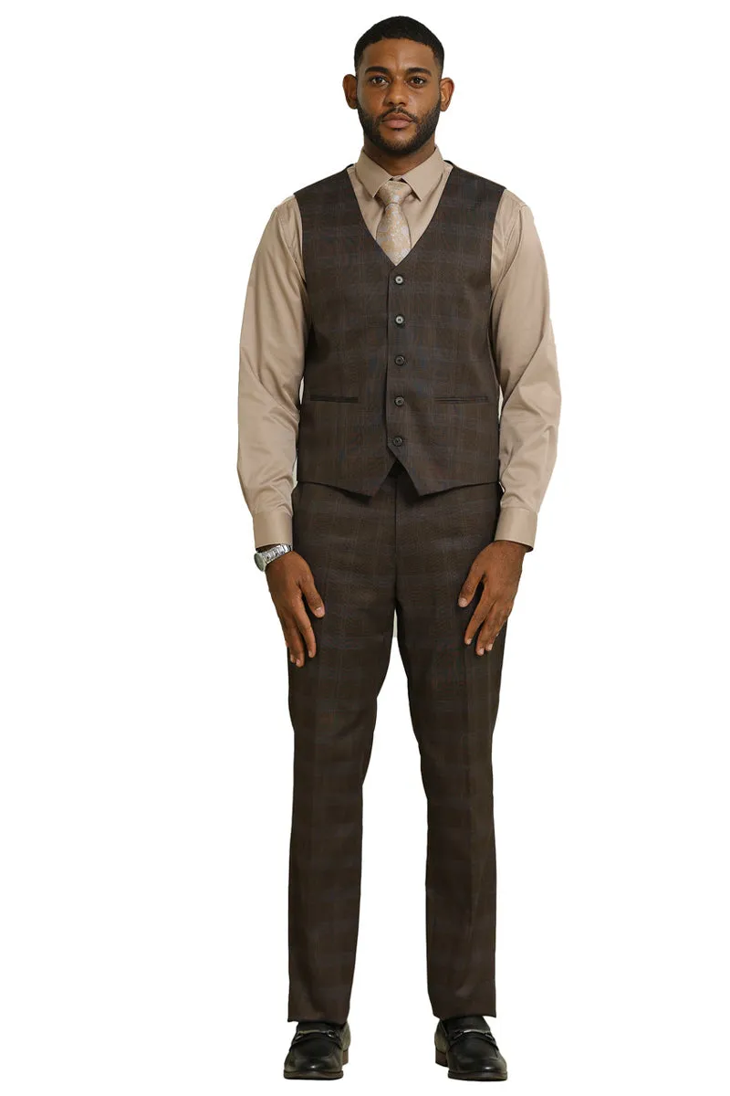 Men's Stacy Adams One Button Vested Peak Lapel Suit in Brown Glen Plaid sold by Alberto Nardoni product image thumbnail 5