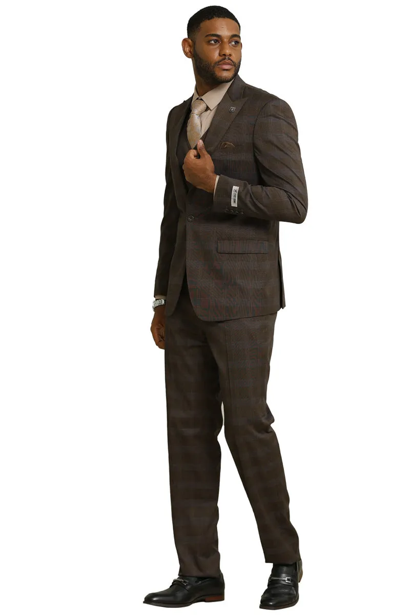 Men's Stacy Adams One Button Vested Peak Lapel Suit in Brown Glen Plaid sold by Alberto Nardoni product image thumbnail 2