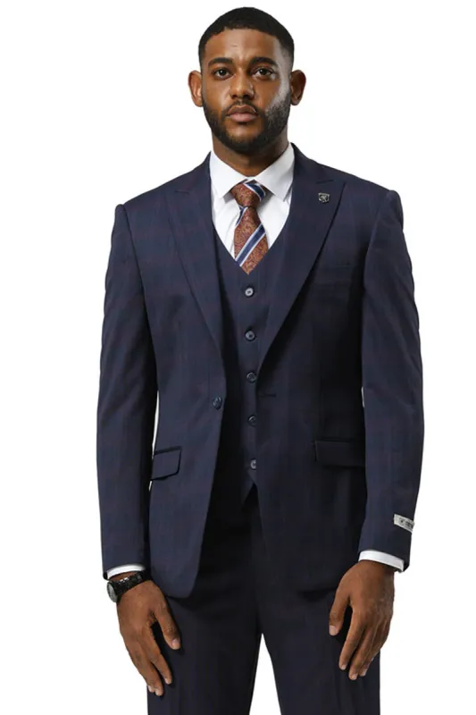 Men's Stacy Adams One Button Vested Peak Lapel Suit in Navy Glen Plaid sold by Alberto Nardoni