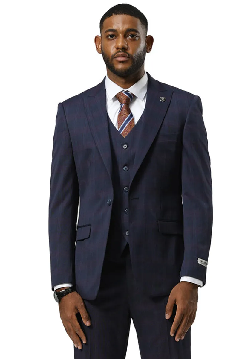 Men's Stacy Adams One Button Vested Peak Lapel Suit in Navy Glen Plaid sold by Alberto Nardoni