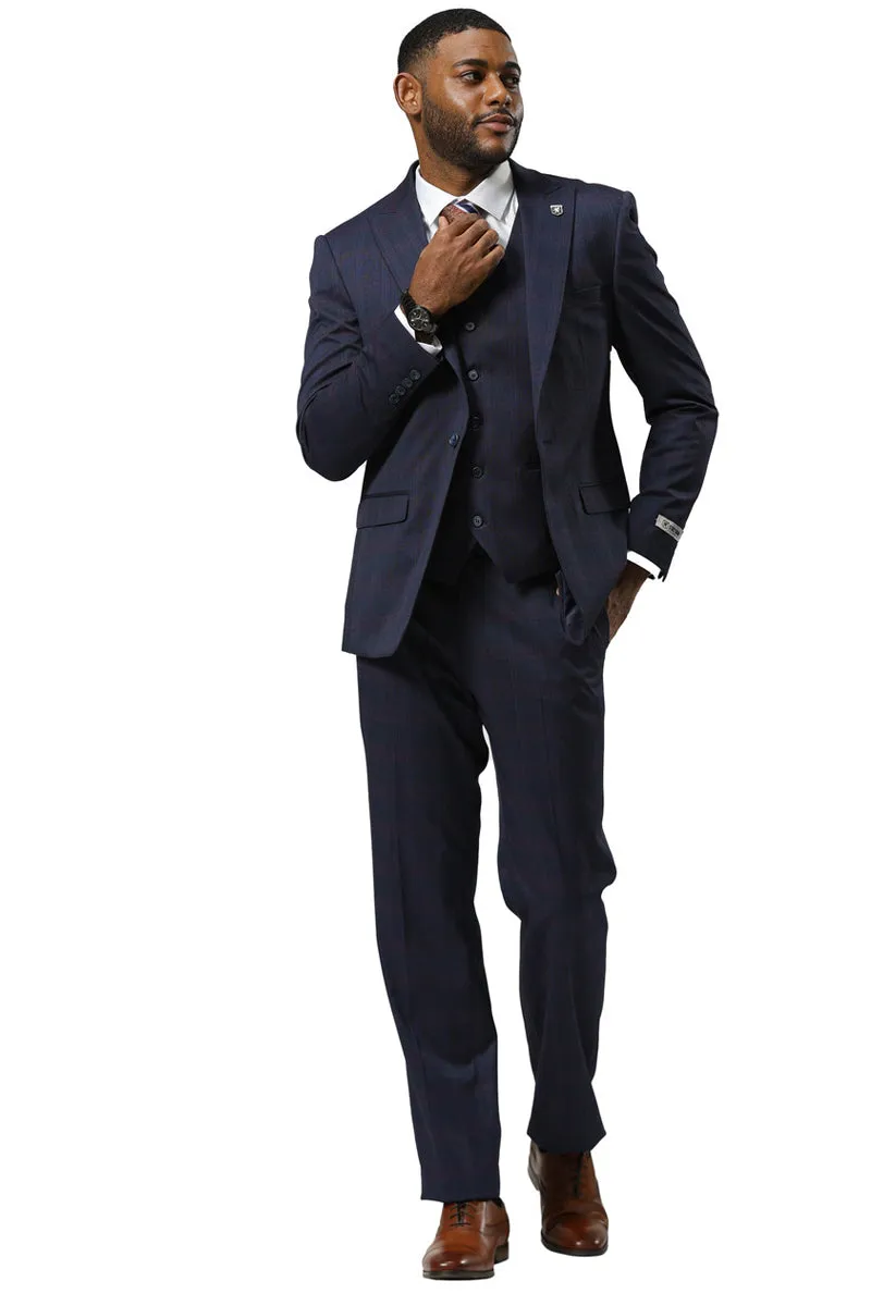 Men's Stacy Adams One Button Vested Peak Lapel Suit in Navy Glen Plaid sold by Alberto Nardoni product image thumbnail 2