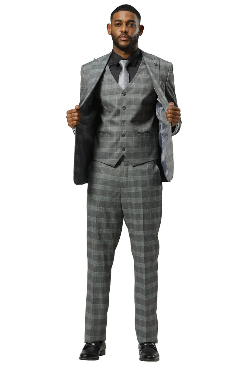 Men's Stacy Adams One Button Vested Peak Lapel Suit in Grey Glen Plaid sold by Alberto Nardoni product image thumbnail 3