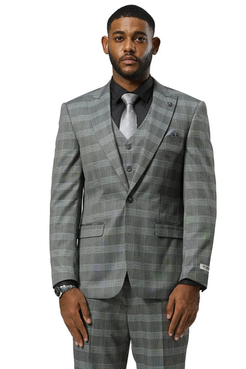 Men's Stacy Adams One Button Vested Peak Lapel Suit in Grey Glen Plaid sold by Alberto Nardoni