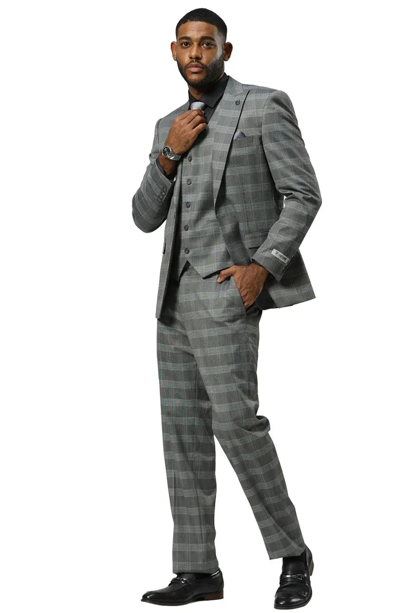 Men's Stacy Adams One Button Vested Peak Lapel Suit in Grey Glen Plaid sold by Alberto Nardoni product image thumbnail 2
