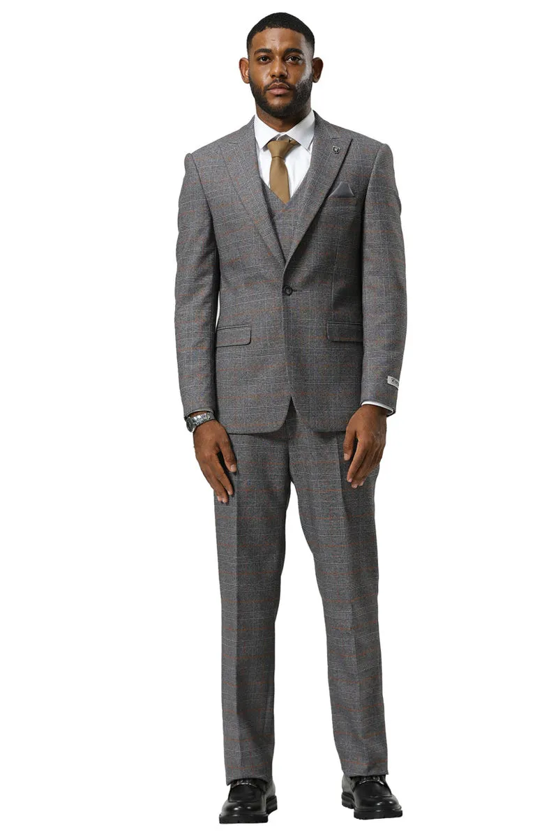 Men's Stacy Adams One Button Peak Lapel Suit With Double Breasted Vest in Grey Glen Plaid sold by Alberto Nardoni product image thumbnail 2