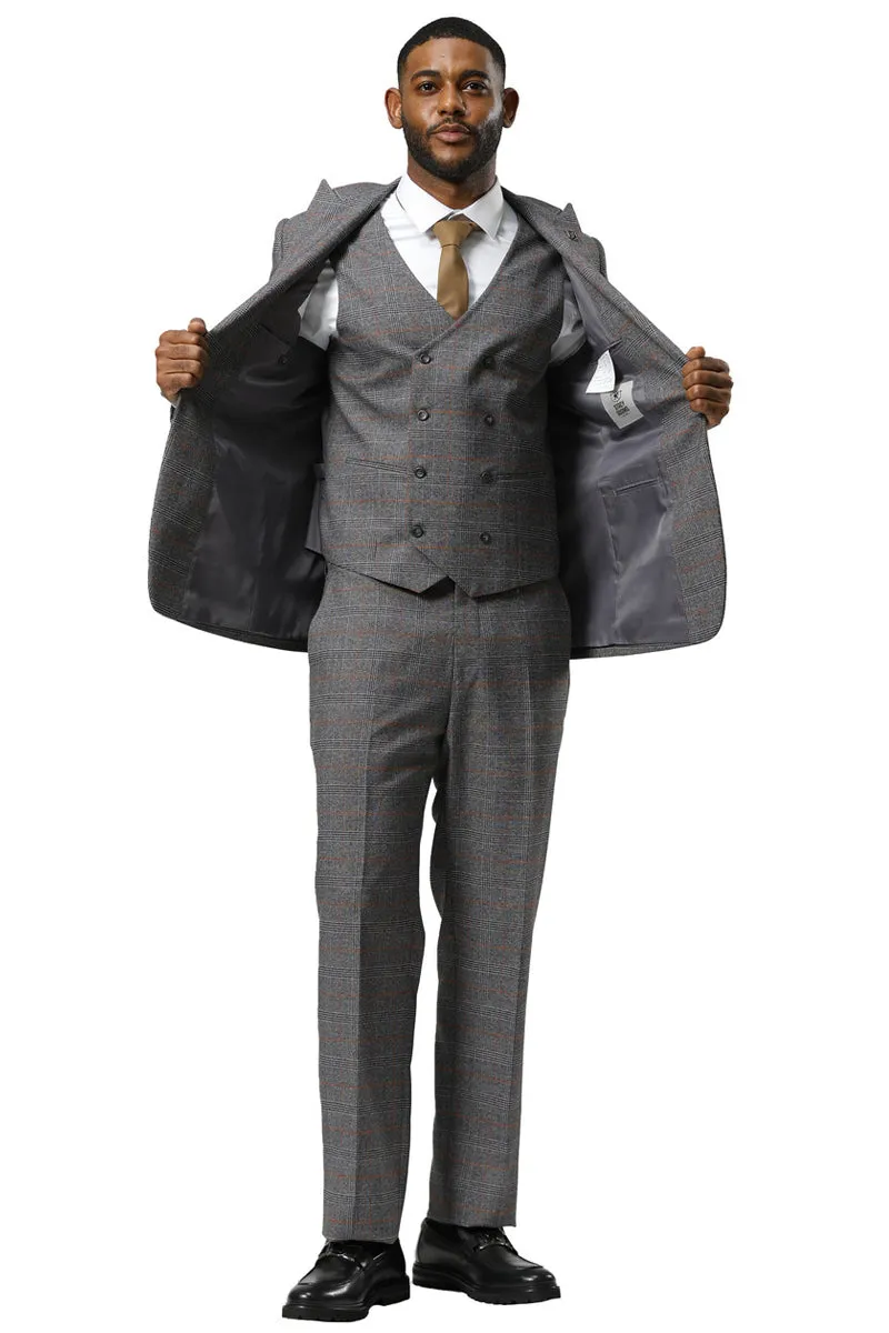 Men's Stacy Adams One Button Peak Lapel Suit With Double Breasted Vest in Grey Glen Plaid sold by Alberto Nardoni product image thumbnail 3