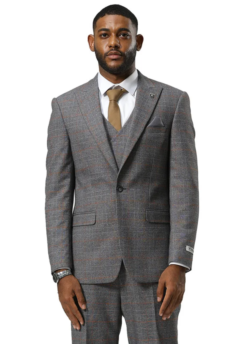 Men's Stacy Adams One Button Peak Lapel Suit With Double Breasted Vest in Grey Glen Plaid sold by Alberto Nardoni