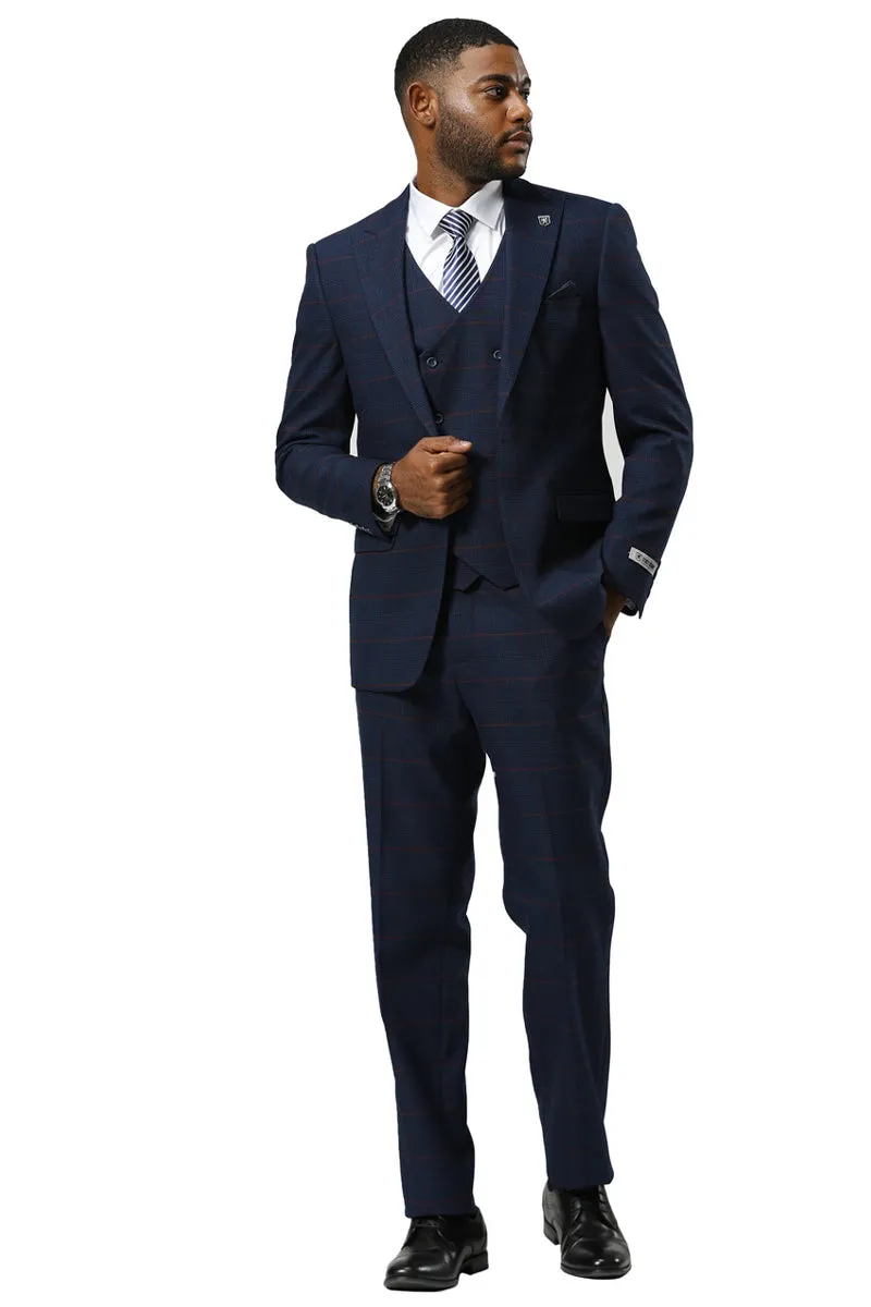 Men's Stacy Adams One Button Peak Lapel Suit With Double Breasted Vest in Navy Glen Plaid sold by Alberto Nardoni product image thumbnail 2
