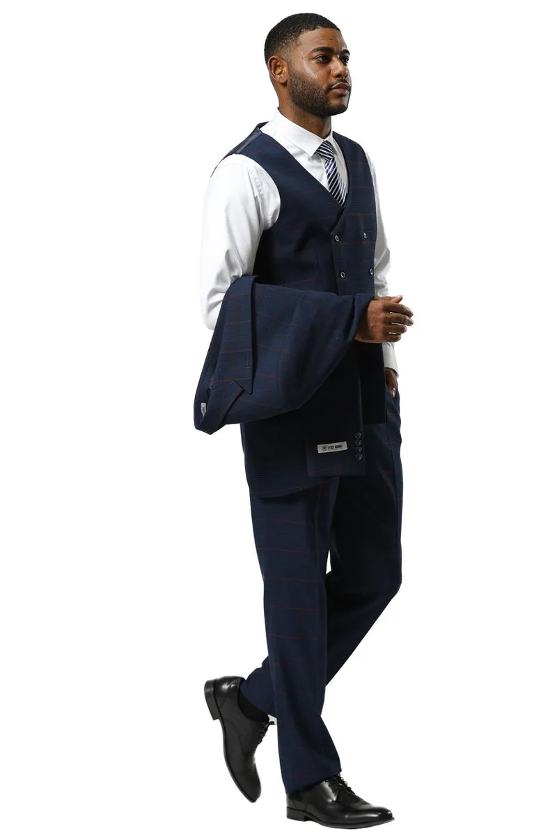 Men's Stacy Adams One Button Peak Lapel Suit With Double Breasted Vest in Navy Glen Plaid sold by Alberto Nardoni product image thumbnail 3