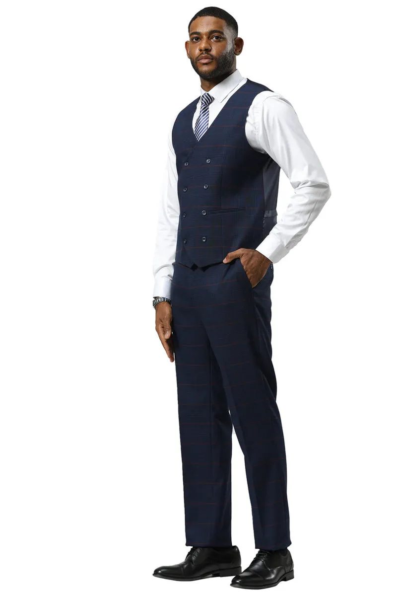 Men's Stacy Adams One Button Peak Lapel Suit With Double Breasted Vest in Navy Glen Plaid sold by Alberto Nardoni product image thumbnail 4
