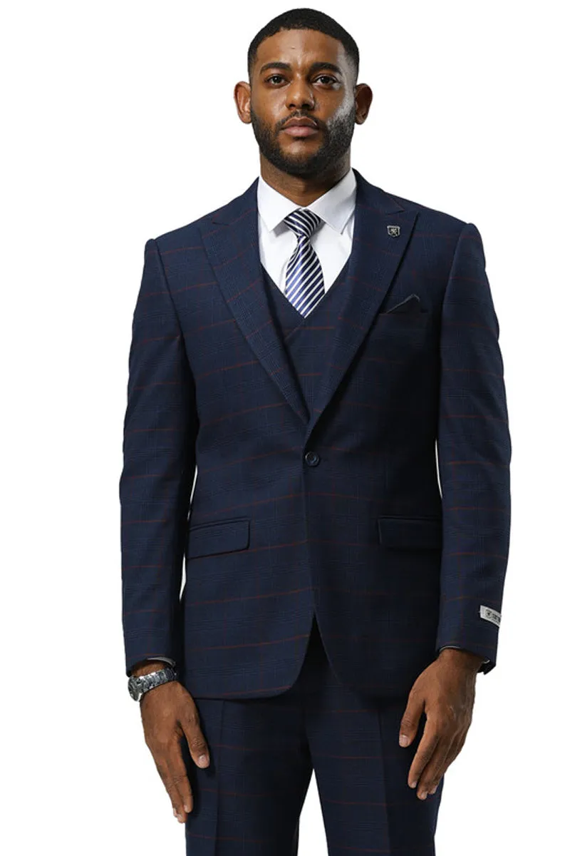 Men's Stacy Adams One Button Peak Lapel Suit With Double Breasted Vest in Navy Glen Plaid sold by Alberto Nardoni
