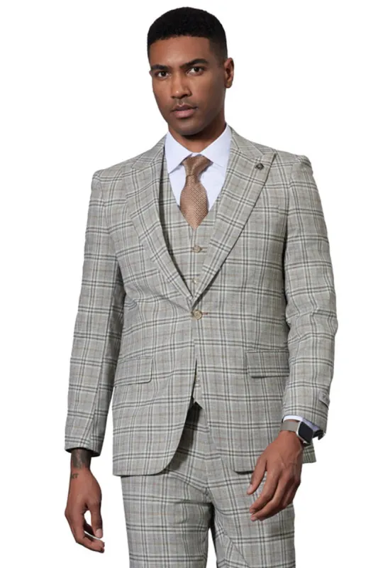 Men's Stacy Adams One Button Peak Lapel Vested Glen Plaid Suit in Grey sold by Alberto Nardoni