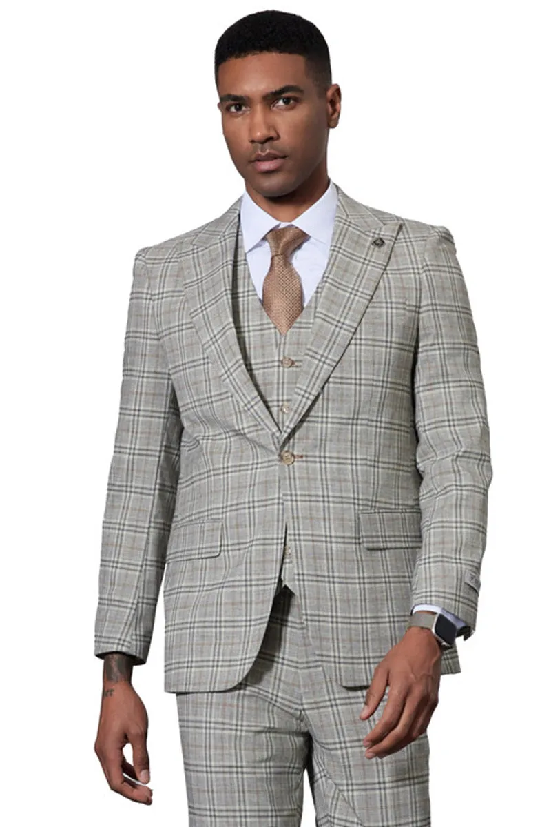 Men's Stacy Adams One Button Peak Lapel Vested Glen Plaid Suit in Grey sold by Alberto Nardoni