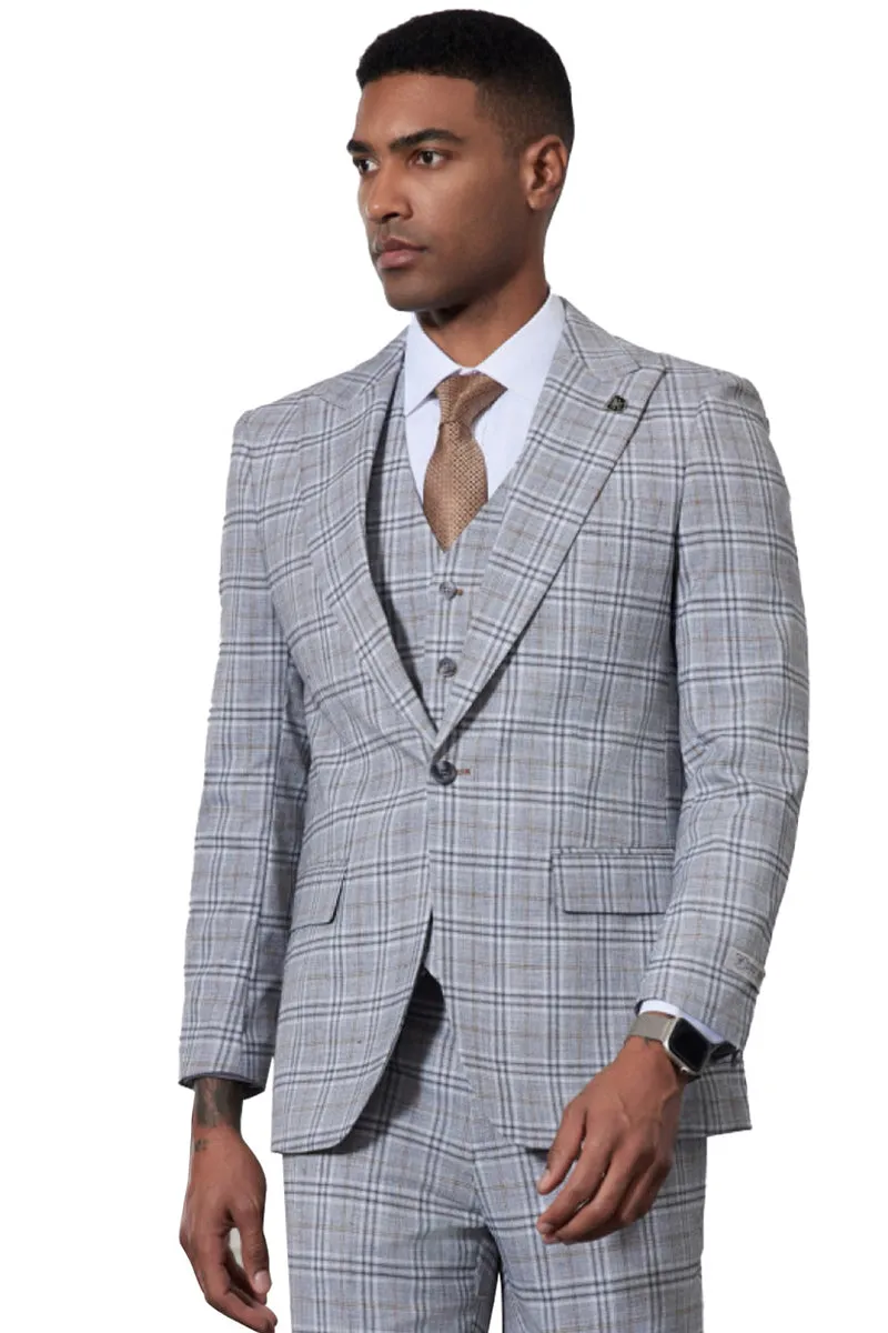 Men's Stacy Adams One Button Peak Lapel Vested Glen Plaid Suit in Blue sold by Alberto Nardoni