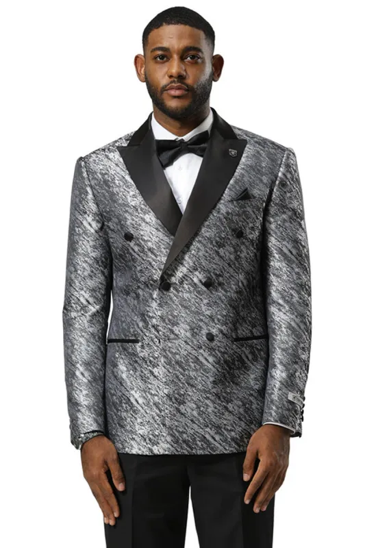 Men's Stacy Adams Double Breasted Wedding & Prom Tuxedo Jacket in Textured Shiny Silver Sharkskin made by Stacy Adams