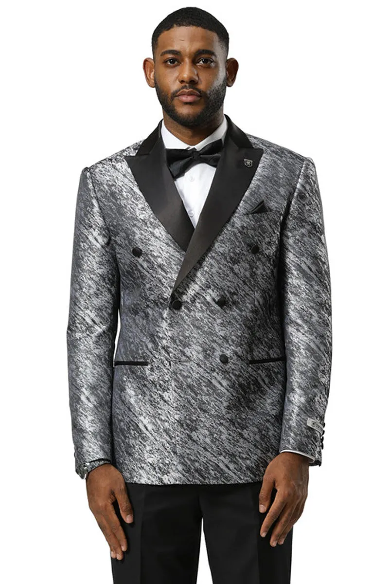 Men's Stacy Adams Double Breasted Wedding & Prom Tuxedo Jacket in Textured Shiny Silver Sharkskin sold by Alberto Nardoni
