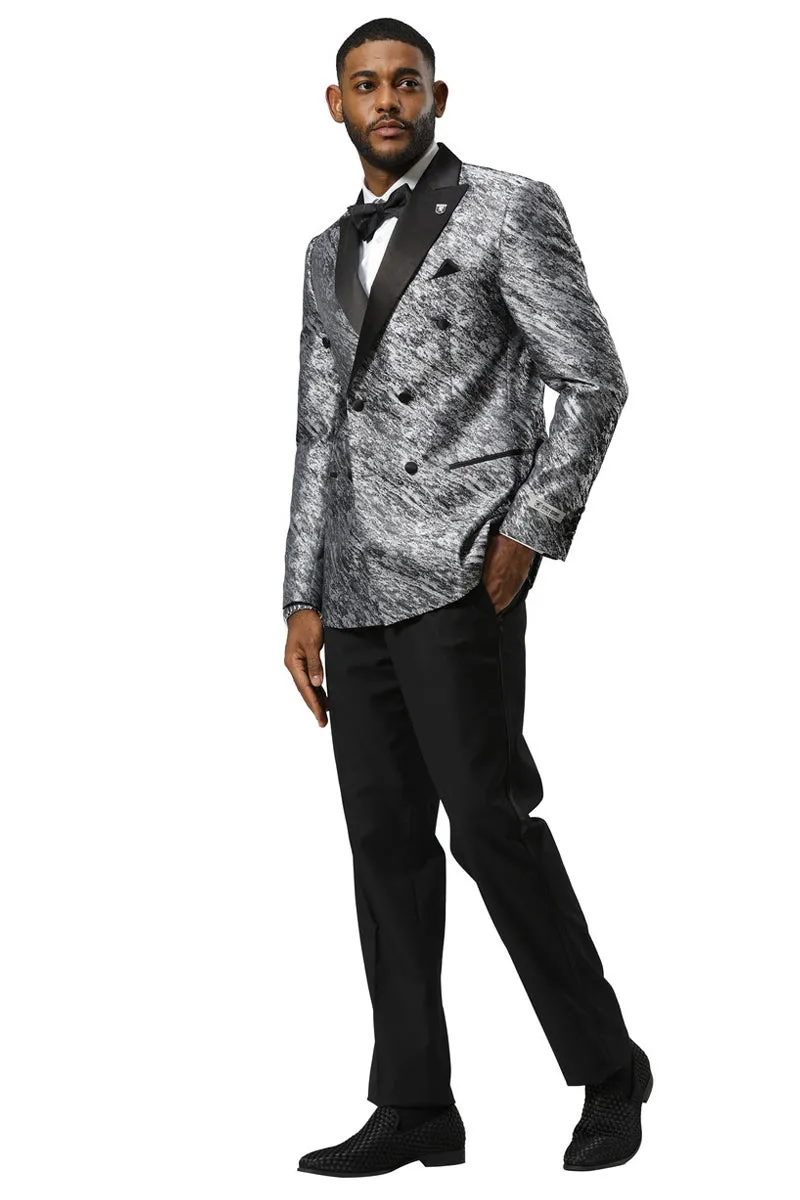 Men's Stacy Adams Double Breasted Wedding & Prom Tuxedo Jacket in Textured Shiny Silver Sharkskin sold by Alberto Nardoni product image thumbnail 2