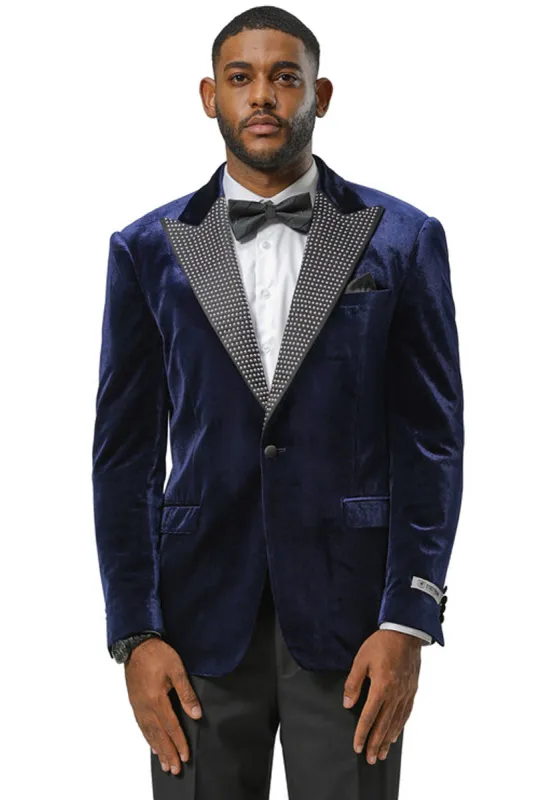 Men's Stacy Adams Velvet Wedding & Prom Tuxedo Jacket With Rhinestone sequin Adorned Lapel in Navy made by Stacy Adams