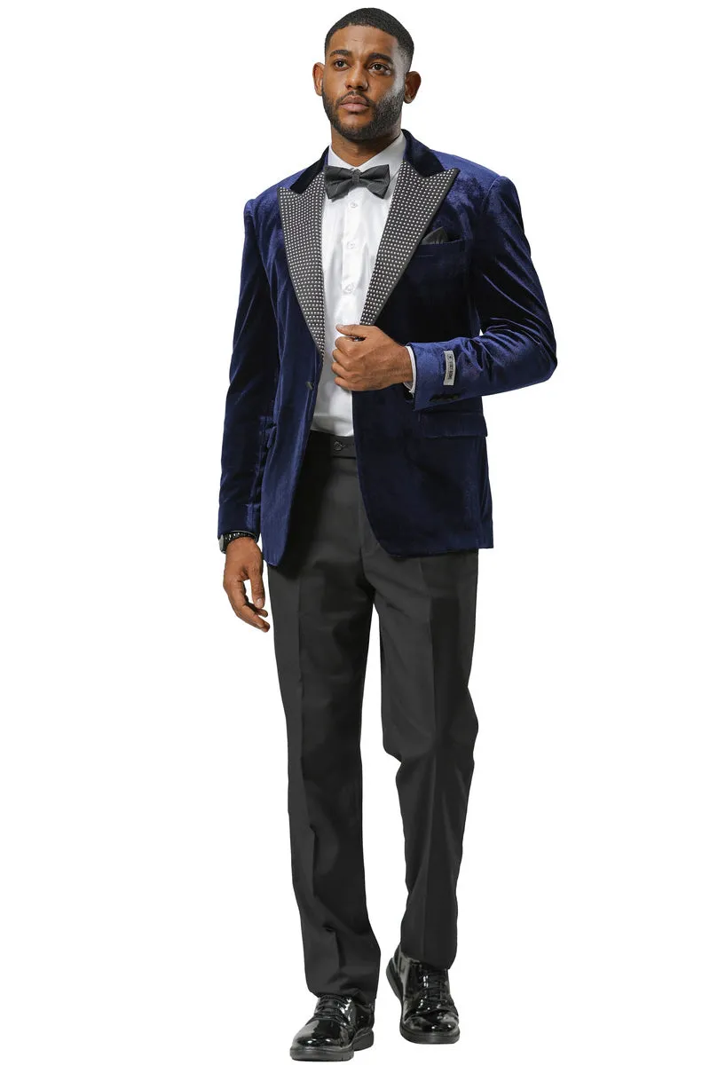 Men's Stacy Adams Velvet Wedding & Prom Tuxedo Jacket With Rhinestone sequin Adorned Lapel in Navy sold by Alberto Nardoni product image thumbnail 2