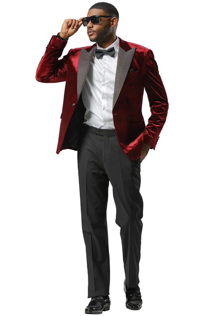 Men's Stacy Adams Velvet Wedding & Prom Tuxedo Jacket With Rhinestone sequin Adorned Lapel in Burgundy sold by Alberto Nardoni product image thumbnail 2