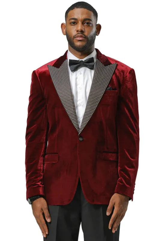 Men's Stacy Adams Velvet Wedding & Prom Tuxedo Jacket With Rhinestone sequin Adorned Lapel in Burgundy made by Stacy Adams