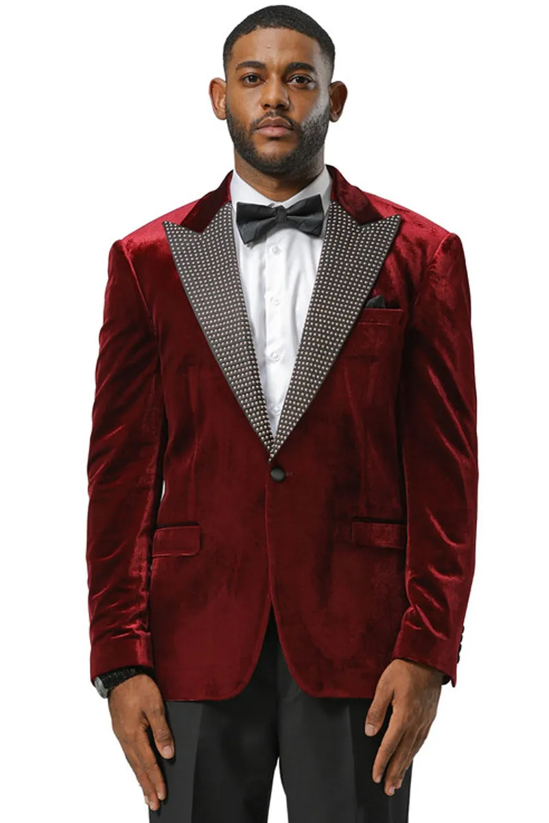 Men's Stacy Adams Velvet Wedding & Prom Tuxedo Jacket With Rhinestone sequin Adorned Lapel in Burgundy sold by Alberto Nardoni