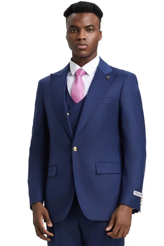 Men's Stacy Adams Vested One Button Side Peak Lapel Pinstripe Suit in Navy Blue sold by Alberto Nardoni