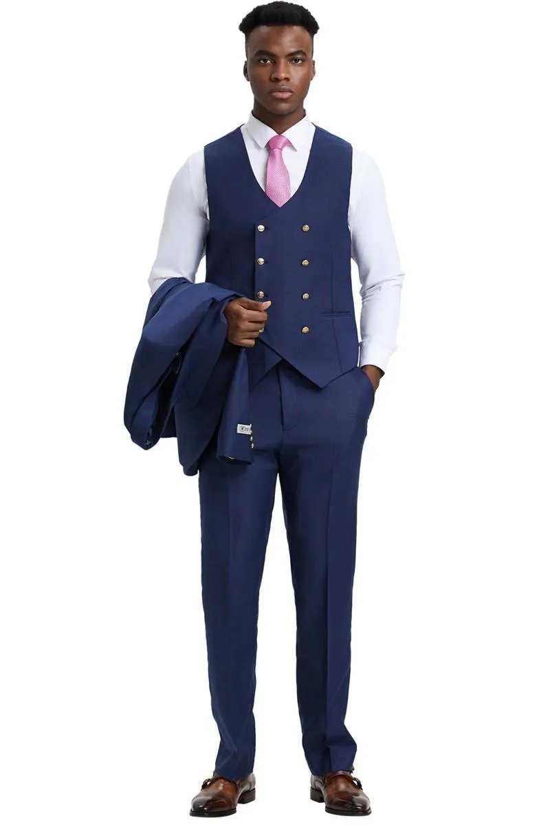 Men's Stacy Adams Vested One Button Side Peak Lapel Pinstripe Suit in Navy Blue sold by Alberto Nardoni product image thumbnail 3