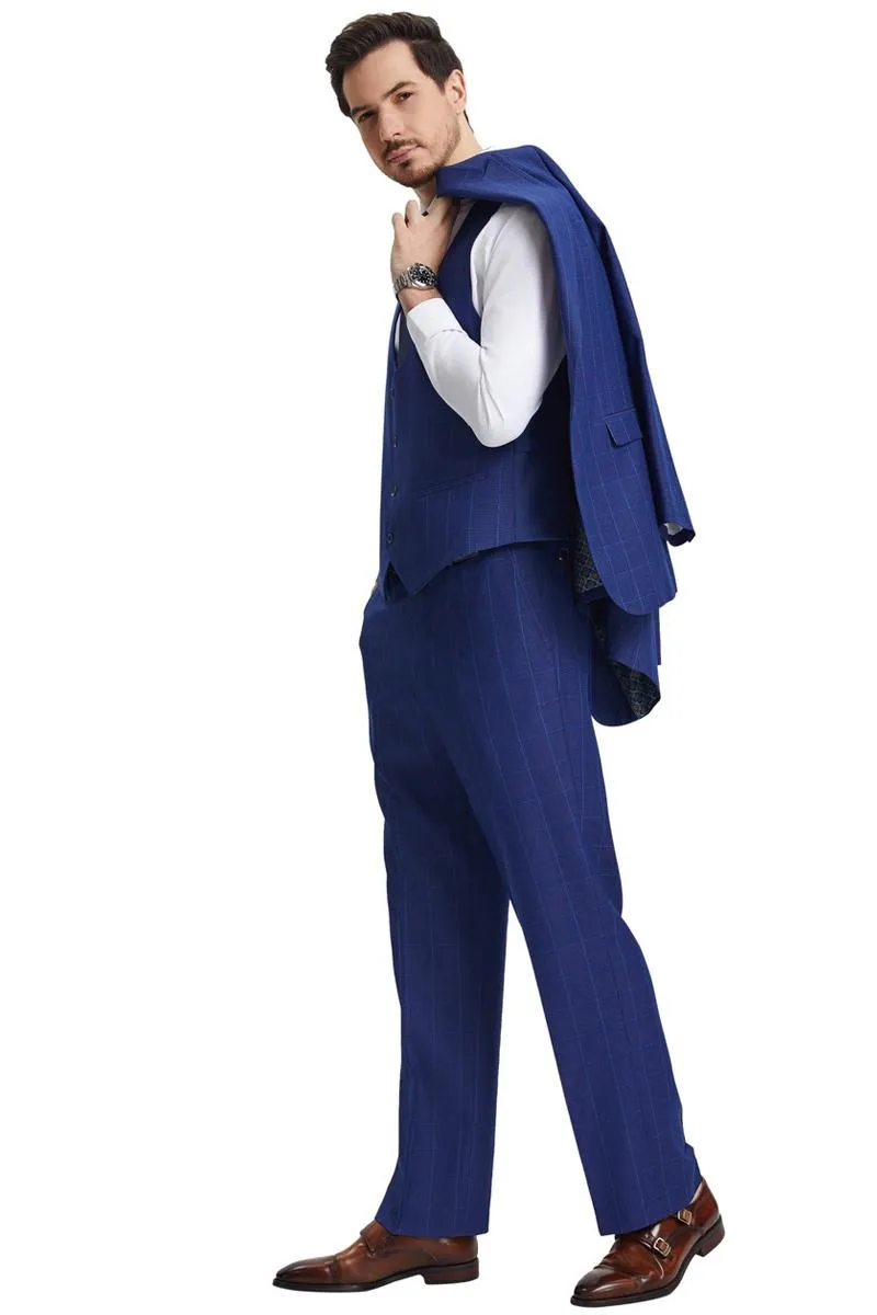 Men's Stacy Adams Peak Lapel Blue Windowpane Plaid Suit with a Scoop Neck Vest sold by Alberto Nardoni product image thumbnail 4