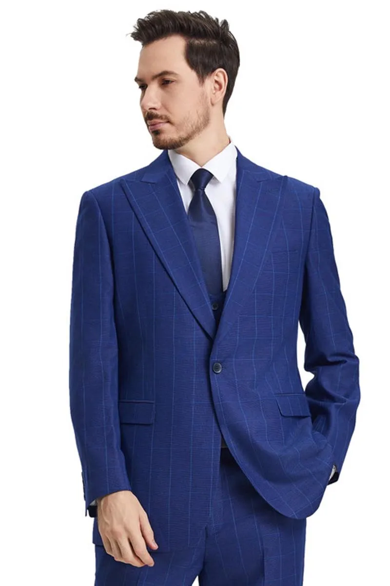 Men's Stacy Adams Peak Lapel Blue Windowpane Plaid Suit with a Scoop Neck Vest sold by Alberto Nardoni