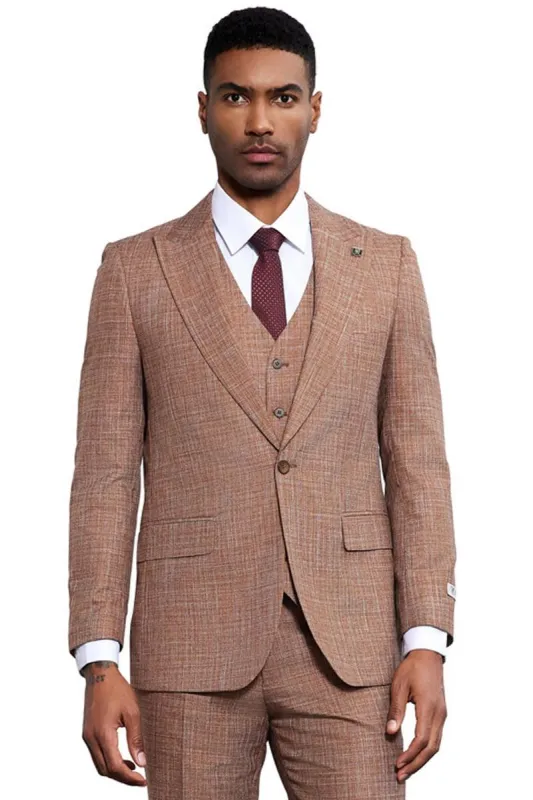 Men's Stacy Adams Vested Sharkskin Weave Pattern Suit in Light Rust sold by Alberto Nardoni