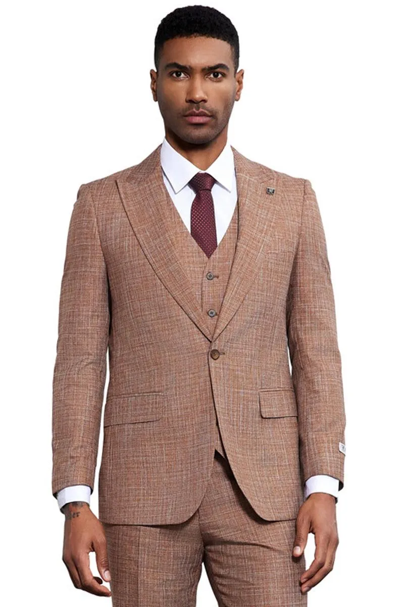 Men's Stacy Adams Vested Sharkskin Weave Pattern Suit in Light Rust sold by Alberto Nardoni