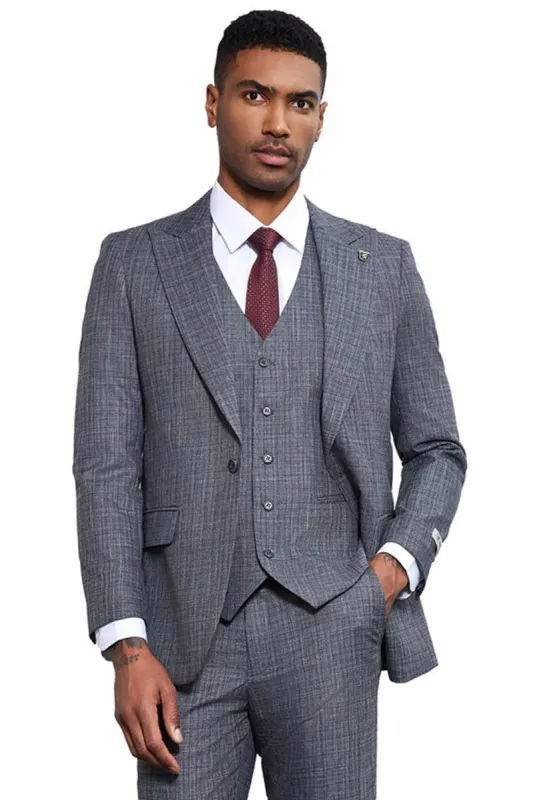 Men's Stacy Adams Vested Sharkskin Weave Pattern Suit in Grey made by Stacy Adams