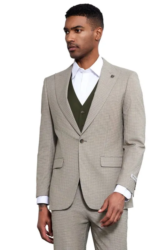 Men's Stacy Adams One Button Peak Lapel Vested Micro Check in Sage Green with an Olive Green Vest sold by Alberto Nardoni