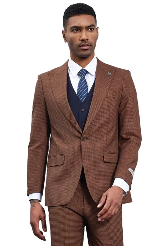 Men's Stacy Adams One Button Peak Lapel Vested Micro Check in Cognac Brown with a Navy Vest sold by Alberto Nardoni