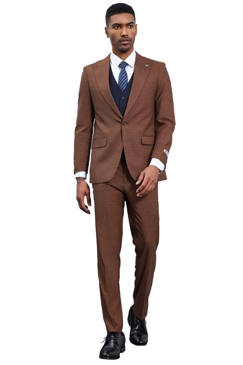 Men's Stacy Adams One Button Peak Lapel Vested Micro Check in Cognac Brown with a Navy Vest sold by Alberto Nardoni product image thumbnail 2